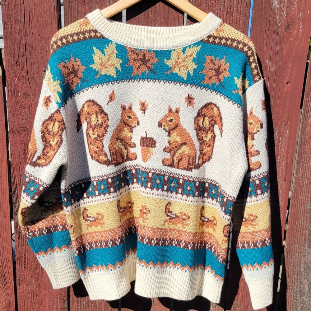 Women's 2XL Squirrel Sweater Novelty Knit Woodland Fall Cozy Pullover Earthy